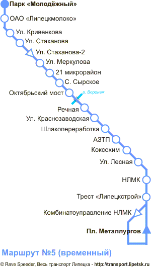 Схема автобусного маршрута №5, Липецк