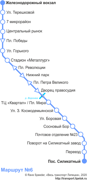 Схема автобусного маршрута №6, Липецк