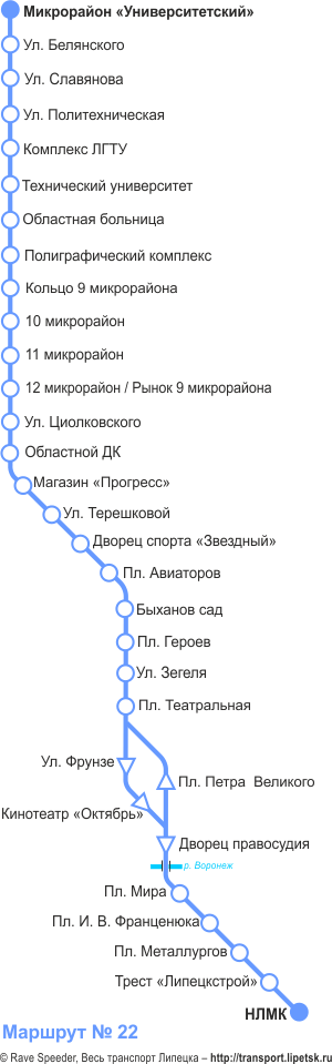 Схема автобусного маршрута №22, Липецк
