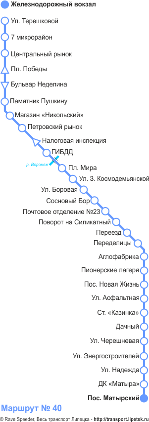 Схема автобусного маршрута №40, Липецк
