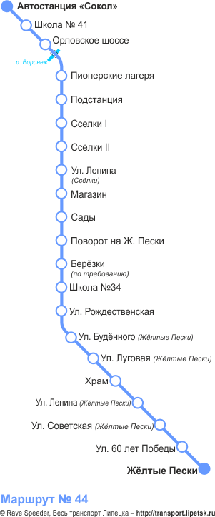 Схема автобусного маршрута №44, Липецк