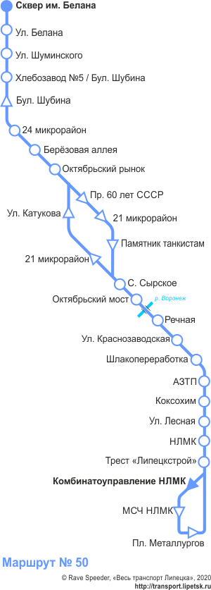 Схема автобусного маршрута №50, Липецк