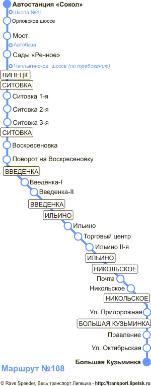 Схема автобусного маршрута №108, Липецк