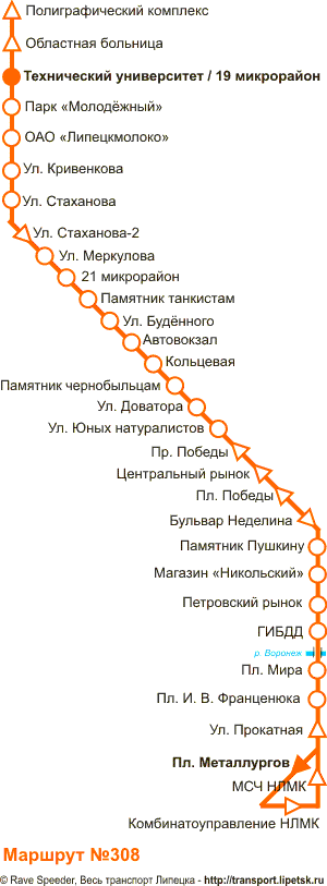 Схема автобусного маршрута №308, Липецк