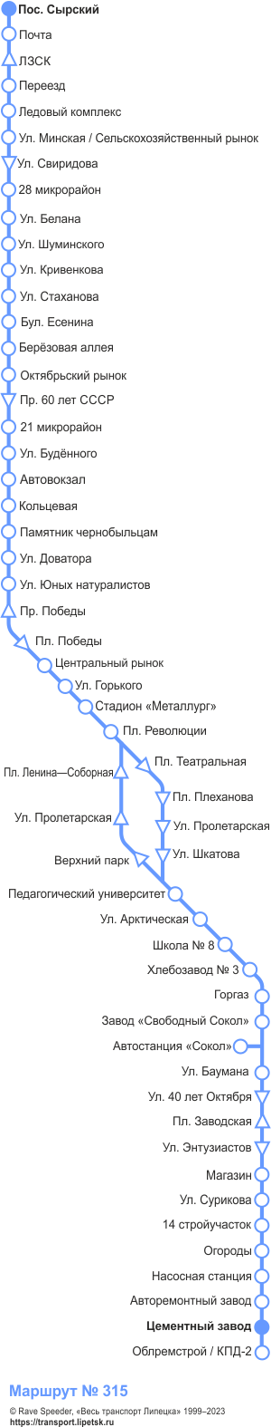 Схема автобусного маршрута №315, Липецк