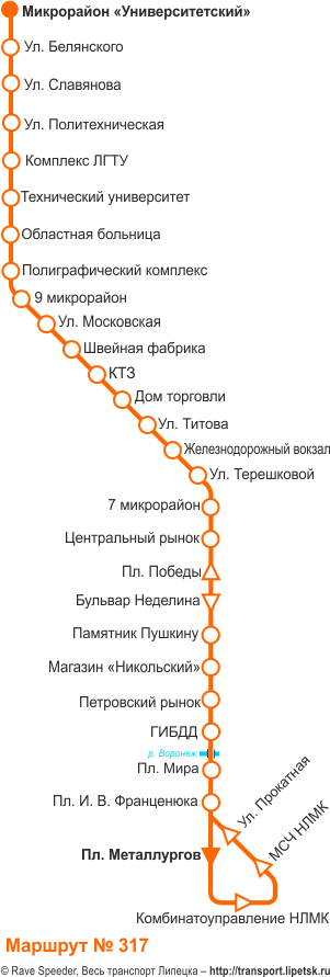 Схема автобусного маршрута №317, Липецк