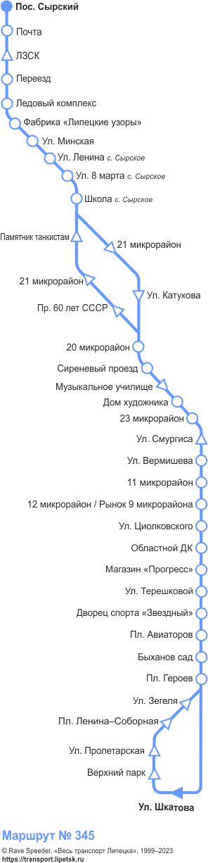 Схема автобусного маршрута №345, Липецк