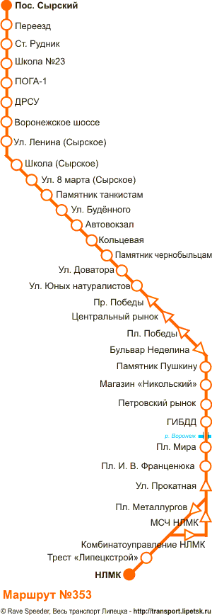Схема автобусного маршрута №353, Липецк