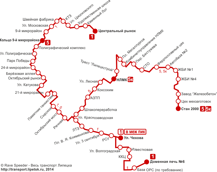 Схема трамвайных маршрутов, Липецк